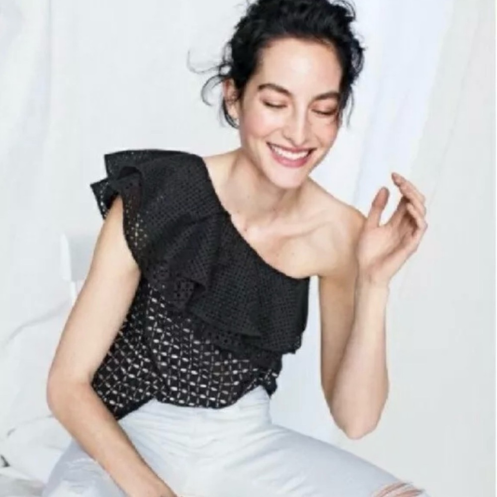 J.Crew Size 10 Black Nude One-Shoulder Eyelet Ruffle Top Shirt Blouse - Picture 4 of 9